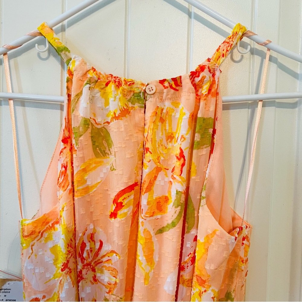 Harlow & Rose Halter Neck Peach Orange Floral Tiered Maxi Dress Tie Back NWT - Picture 5 of 9